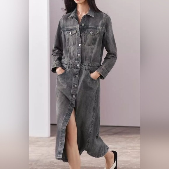 $139 SZ M ZARA ZW Collection Cotton Denim Midi Shirt Dress Gray 6840/055 NEW - Picture 6 of 6
